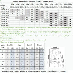 A size recommendation chart for men's blazers showing height and weight conversions.