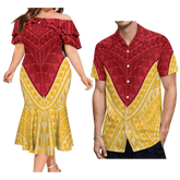 A man and woman wearing matching outfits with a red and yellow Polynesian tribal print.