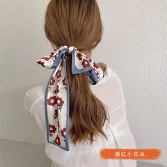2023 New Fashion Silk Scarf Hair Band Long Ribbon Bow Korean Printing Letter Hair Scarf Women Ponytail Holder Hair Accessories - SHOWLU FASHION STORE