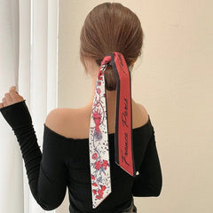 2023 New Fashion Silk Scarf Hair Band Long Ribbon Bow Korean Printing Letter Hair Scarf Women Ponytail Holder Hair Accessories - SHOWLU FASHION STORE
