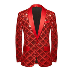 A red men's blazer featuring a square sequin pattern and a solid red satin shawl lapel.