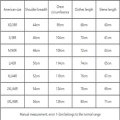 A size chart table for a men's sequin casual dance suit jacket.