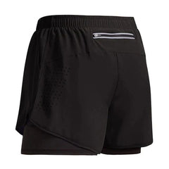 Black two-in-one men's athletic shorts featuring a zippered back pocket and perforated side panels.