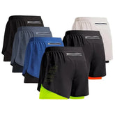 A collection of men's two-in-one athletic shorts with zippered back pockets in various colors.