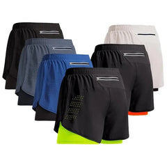A collection of men's two-in-one athletic shorts with zippered back pockets in various colors.