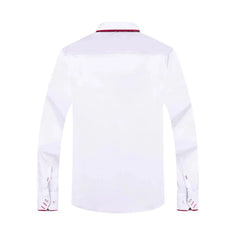 A white long-sleeved men's dress shirt with a double collar and red trim details.