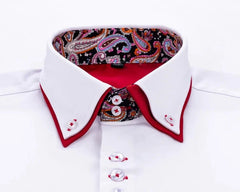 A white long-sleeve shirt featuring a double collar with red trim and a colorful paisley pattern.