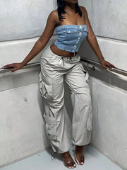 2023 Trendy Women Wide Leg Cargo Pants Street Vibes Flap Pockets Drawstring Ruched High Waist Parachute Pants Mujer - SHOWLU FASHION STORE