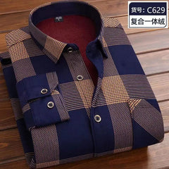 A long-sleeved men's plaid shirt in navy and tan with a thick, dark red fleece lining.