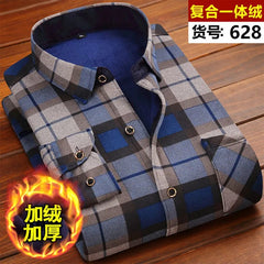 A long-sleeved men's plaid shirt with a blue fleece lining and a button-down front.