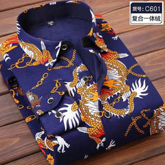 A long-sleeved navy blue men's shirt featuring a gold and white dragon pattern and a fleece lining.