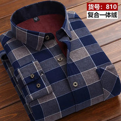 A long-sleeved men's plaid shirt in blue and grey with a thick red fleece lining.