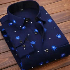 A navy blue long-sleeve button-down shirt featuring a repeating pattern of blue stars and white dots.