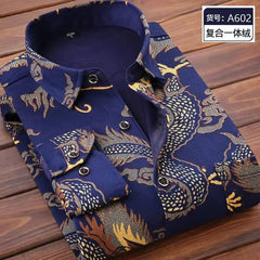 A long-sleeved navy blue button-down shirt featuring a gold and brown dragon pattern with a fleece lining.