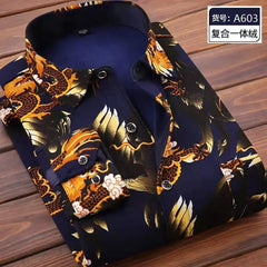 A long-sleeved navy blue men's shirt featuring a gold dragon pattern and a warm fleece lining.