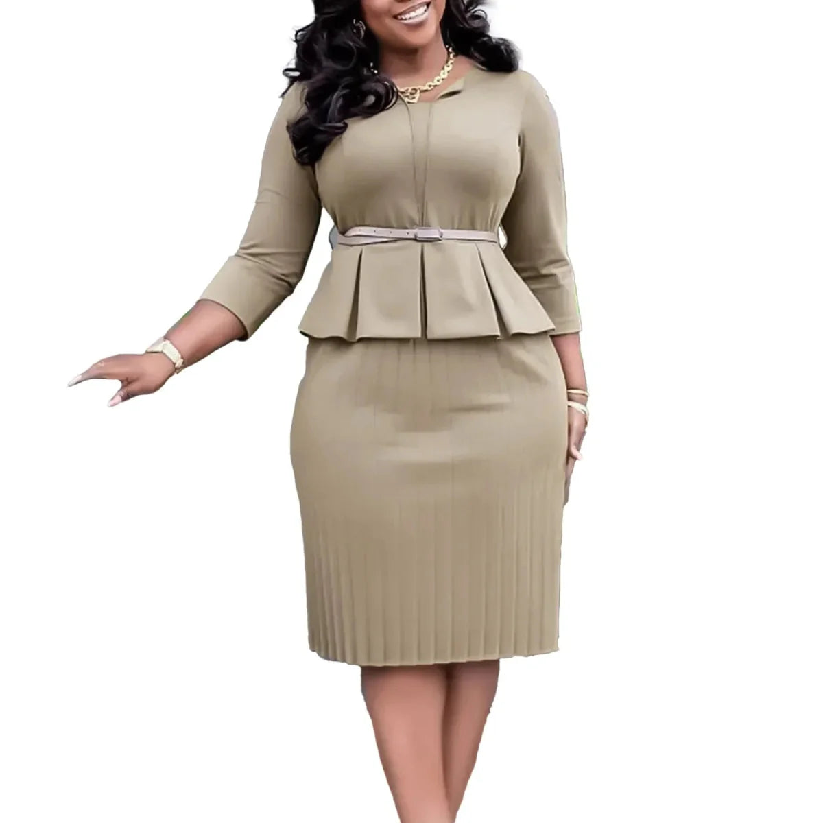 A khaki-colored, long-sleeved office dress with a peplum waist and a pleated skirt.