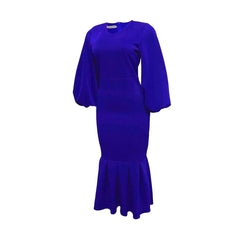 A royal blue midi-length fishtail dress with long bubble sleeves and a V-neckline.