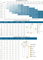 A size chart for a men's three-piece suit showing height, weight, and garment measurements.