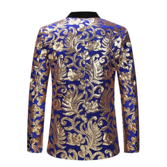 The back view of a blue velvet men's blazer featuring an intricate gold sequin floral pattern.