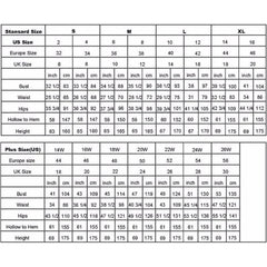 A size chart for women's wedding dresses showing standard and plus size measurements in inches and cm.