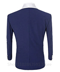A back view of a slim-fit navy blue suit jacket with a white collar.