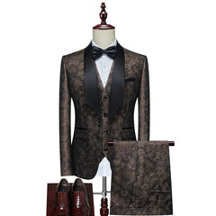 A three-piece men's suit in a bronze floral pattern with a black shawl lapel and bow tie.