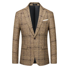 A tan plaid single-breasted blazer with a notch lapel and a single button closure.