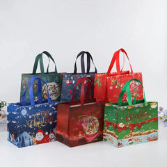 A collection of six colorful non-woven Christmas gift bags featuring various holiday designs.