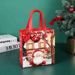 A red non-woven Christmas gift bag featuring a cartoon Santa Claus and elf design.