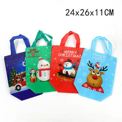 Four colorful non-woven Christmas gift bags featuring cartoon snowman, Santa, and reindeer designs.