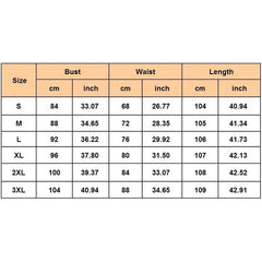 A size chart table for women's dresses listing bust, waist, and length measurements in cm and inches.