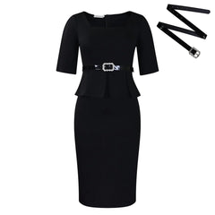 A black knee-length pencil dress with a square neckline, short sleeves, and a ruffled waist.