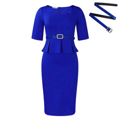 A royal blue knee-length pencil dress with a square neckline, short sleeves, and a ruffled waist.