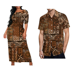 A woman in a brown Polynesian print maxi dress and a man in a matching short-sleeve button-up shirt.
