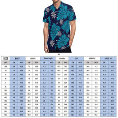 A man wears a short-sleeved button-down shirt featuring a blue tropical floral print.