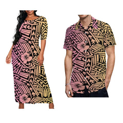 A woman in a maxi dress and a man in a button-down shirt featuring a matching Polynesian print.