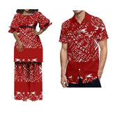 A matching couple's outfit featuring a red and white Polynesian tribal print on a dress and shirt.