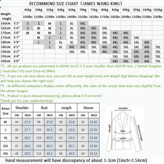 A size recommendation chart for a men's slim-fit suit jacket with height and weight measurements.