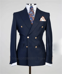A navy blue double-breasted slim fit blazer with gold buttons and a notched lapel.