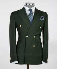 A dark green double-breasted slim fit blazer with gold buttons and a notched lapel.