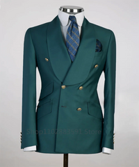 A slim fit emerald green double-breasted blazer with a wide shawl lapel and gold buttons.