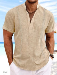 A khaki short-sleeve cotton linen shirt with a stand collar and vertical decorative stitching.