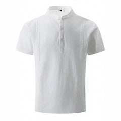 A white short-sleeved cotton linen shirt with a stand collar and vertical decorative stitching.