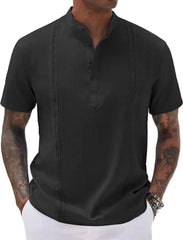 A black short-sleeved cotton-linen shirt with a stand collar and vertical decorative stitching.