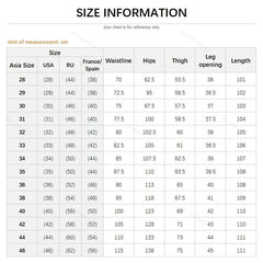A size chart table for men's denim pants showing measurements in centimeters for various sizes.