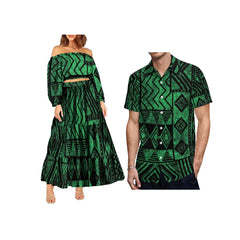 A woman wearing a green and black Polynesian tribal print two-piece set next to a matching shirt.