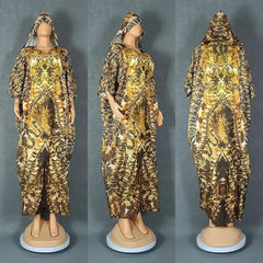 A long, hooded kaftan dress in a brown and gold animal print pattern shown from three angles.