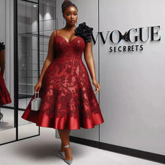 A knee-length red satin ball gown with lace overlays, a sweetheart neckline, and a black rose.