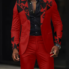 A red suit jacket featuring black geometric patchwork patterns on the lapels and sleeves.