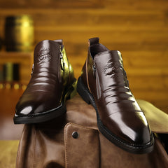 Men's Elegant Black Ankle Boots with Embossed Lion Design - Glossy Finish, Side Zipper & Buckle Straps, Durable PU Material - Perfect for Casual, Hiking & Outdoor Wear in All Seasons SHOWLU FASHION STORE